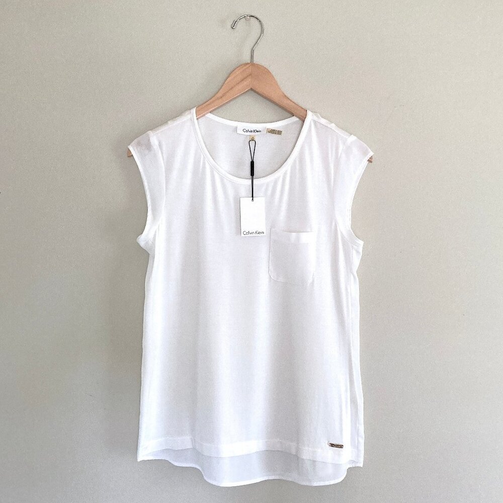 NEW! CALVIN KLEIN White Dressy Tee Cap Sleeve Sz XS